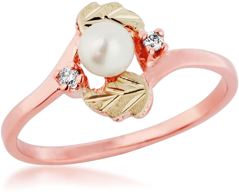White Freshwater Cultured Pearl and Diamond 10k Rose Gold Ring, 12k Green Gold Black Hills Gold Motif, Size 8.5