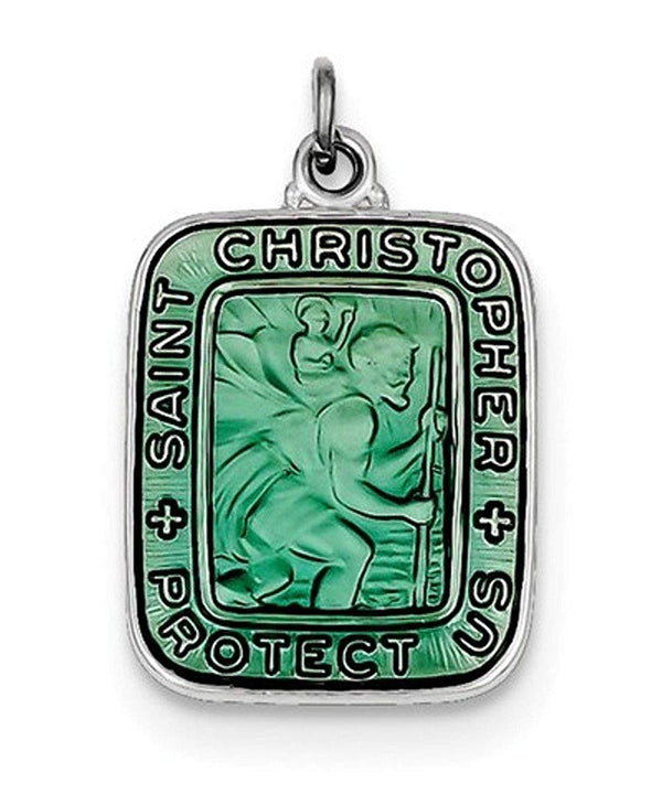 Sterling Silver Teal Enamel Square St. Christopher Medal Pendant (21X15MM)