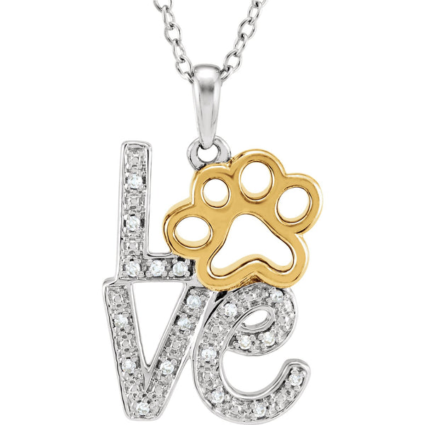 Diamond 'Love' Paw Print Sterling Silver and Yellow Gold Plate Necklace, 18" with Charm Pet Collar Tag