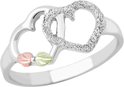 Petite Double Heart Ring, Sterling Silver, 12k Green and Rose Gold Black Hills Gold Motif, Size 6.25