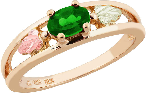 Oval Created Emerald Ring, 10k Yellow Gold, 12k Green and Rose Gold Black Hills Gold Motif, Size 6.5