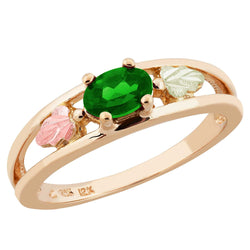 Oval Created Emerald Ring, 10k Yellow Gold, 12k Green and Rose Gold Black Hills Gold Motif
