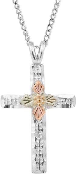 Beveled Edge Cross Pendant Necklace, Sterling Silver, 12k Green and Rose Gold Black Hills Gold Motif, 18"