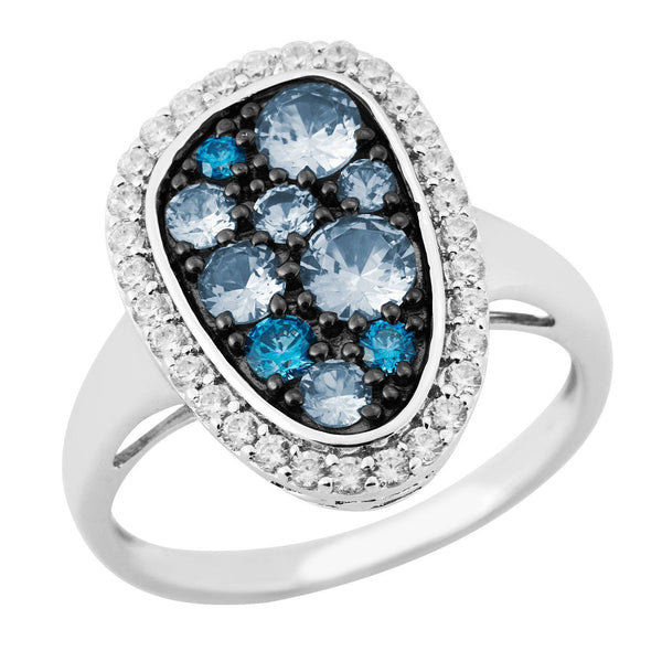 Blue Spinel, CZ Halo Rhodium Plated Sterling Silver Ring,