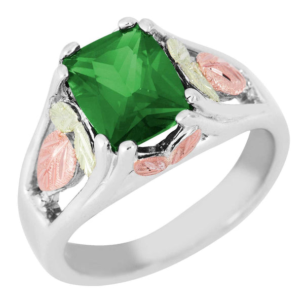 May Birthstone Created Soude Emerald Ring, Sterling Silver, 12k Green and Rose Gold Black Hills Silver Motif