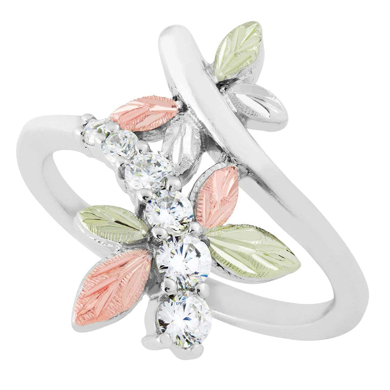 Ave 369 6-Stone CZ Dragonfly Ring, Sterling Silver, 12k Green and Rose Gold Black Hills Gold Motif