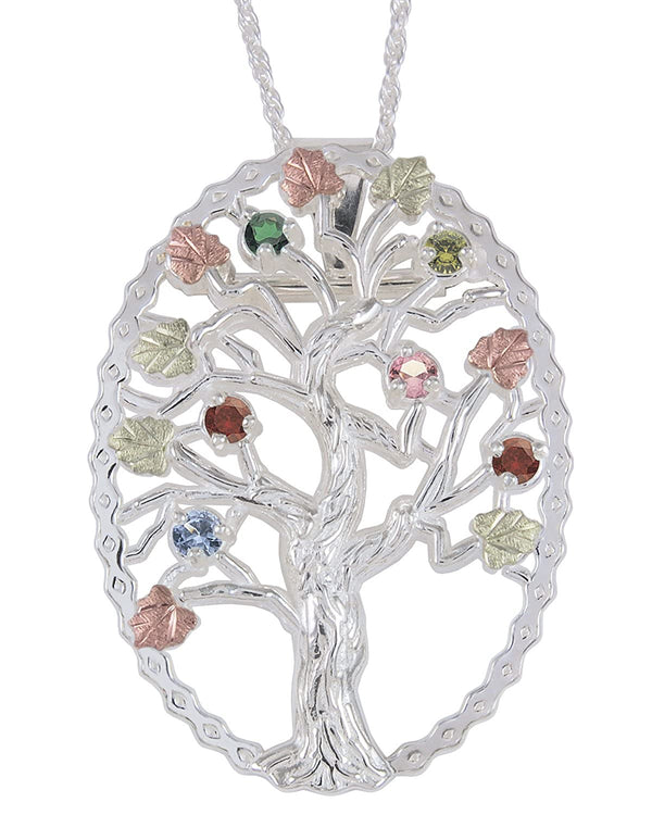 Multi Gemstone Tree Pendant Necklace, Sterling Silver, 12k Green and Rose Gold Black Hills Gold Motif, 18"