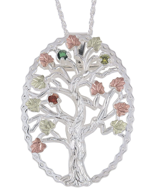 Emerald, Peridot and Garnet Tree Pendant Necklace, Sterling Silver, 12k Green and Rose Gold Black Hills Gold Motif, 18"