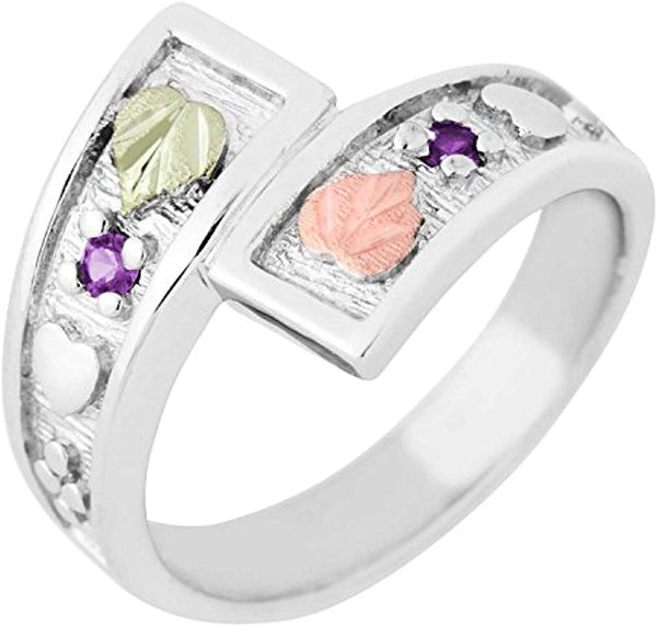 February Birthstone Created Soude Amethyst Bypass Ring, Sterling Silver, 12k Green and Rose Gold Black Hills Silver Motif, Size 9.5