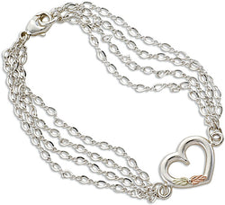 Four Chain with Heart Bracelet, Sterling Silver, 12k Green and Rose Gold Black Hills Gold Motif, 6.75"