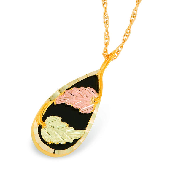 Onyx Teardrop Pendant Necklace, 10k Yellow Gold, 12k Green and Rose Gold Black Hills Gold Motif, 18"