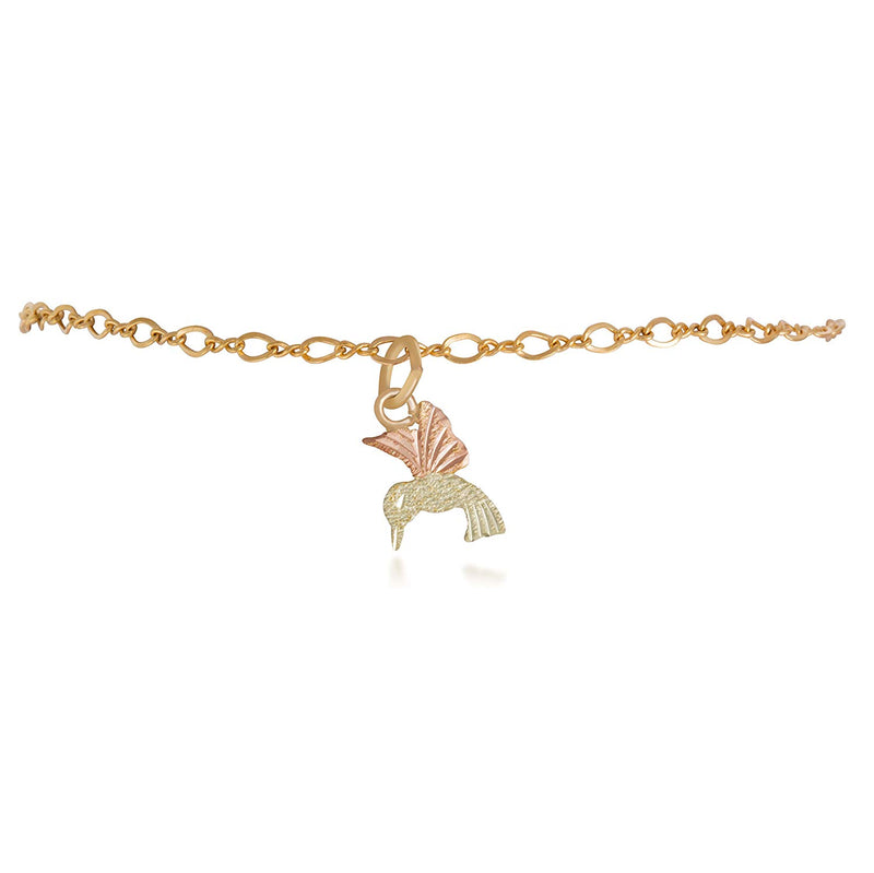 Black Hills Gold 10k Yellow Gold, 12k Green and Rose Gold Hummingbird Anklet, 10.5"