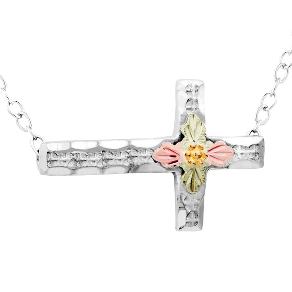 Beveled Edge Sideways Cross Pendant Necklace, Sterling Silver, 12k Green and Rose Gold Black Hills Gold Motif, 18"