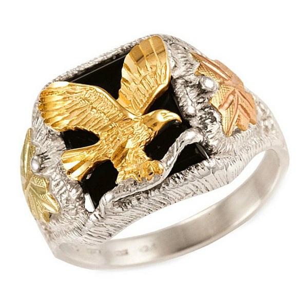 Men's Onyx with Diamond-Cut Eagle Ring, Sterling Silver, 12k Green and Rose Gold Black Hills Gold Motif