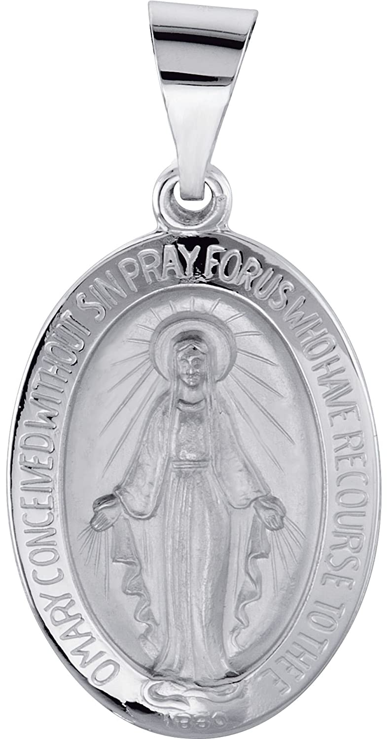 14k White Gold Oval Hollow Miraculous Medal (25x17.75 MM)