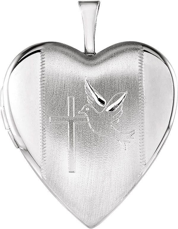 Satin-Brush Heart with Cross and Dove Sterling Silver Locket (21.60X19.60 MM)