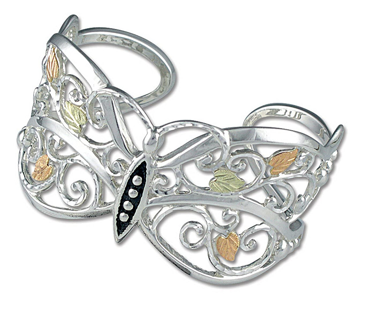 Antique Scrollwork Butterfly Bracelet, Sterling Silver, 12k Green and Rose Gold Black Hills Gold Motif, 7"