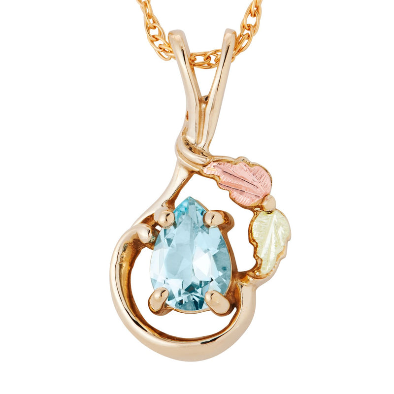Pear Aquamarine Pendant Necklace, 10k Yellow Gold, 12k Green and Rose Gold Black Hills Gold Motif, 18"