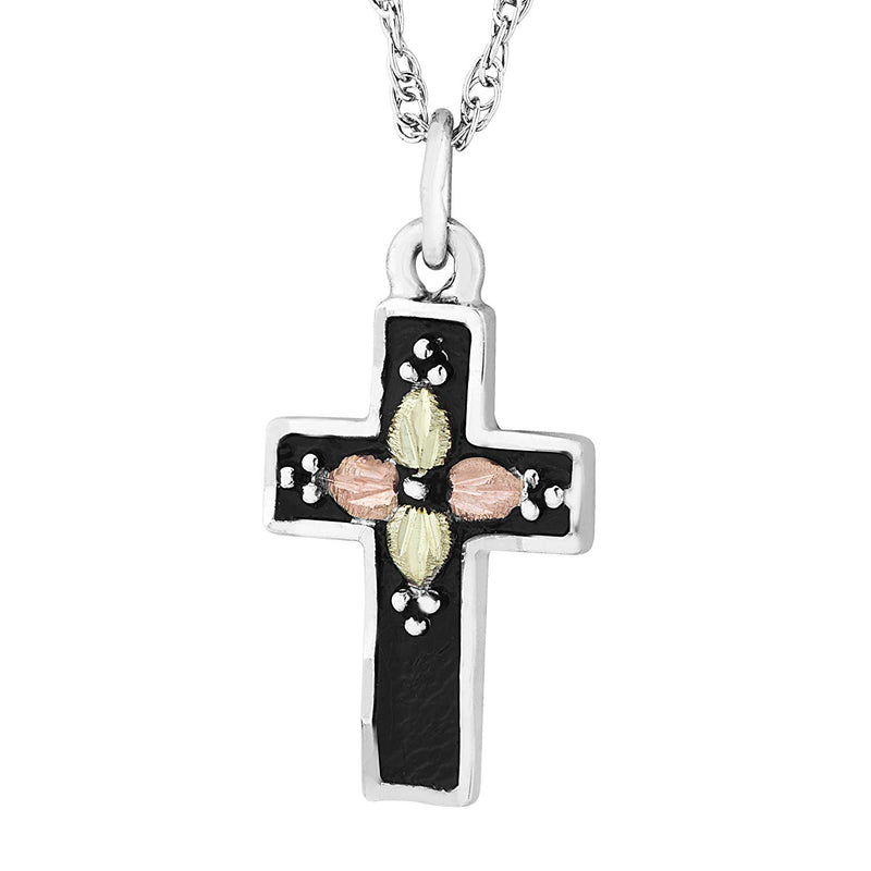 Black Cross Pendant Necklace, Sterling Silver, 12k Green and Rose Gold Black Hills Gold Motif, 18"