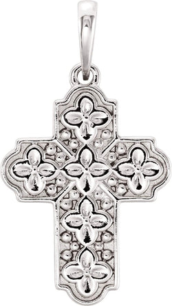 Ornate Floral-Inspired Cross Rhodium-Plated 14k White Gold Pendant (17.80X13.70 MM)