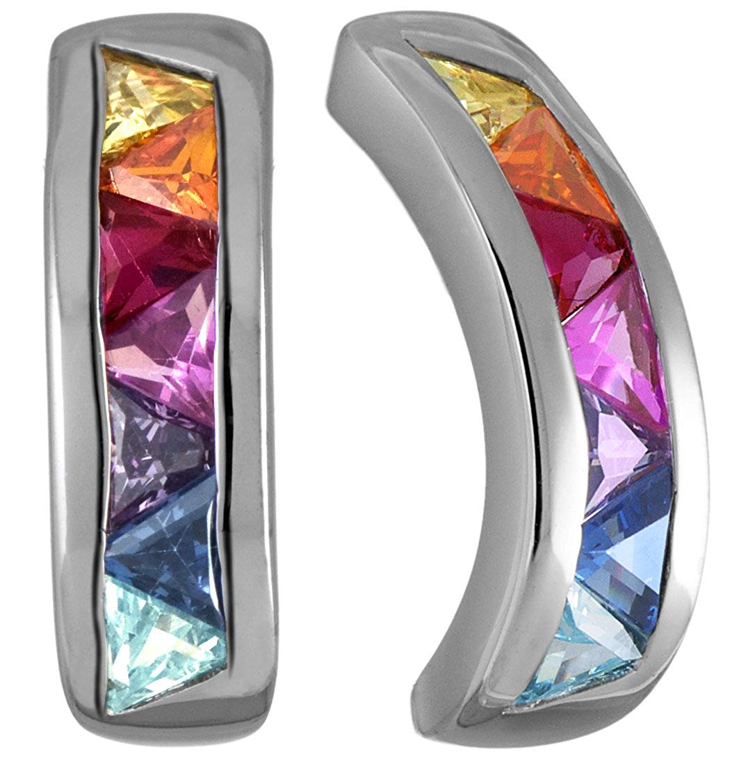 Rainbow CZ Rhodium-Plated Sterling Silver J Hoop Earrings