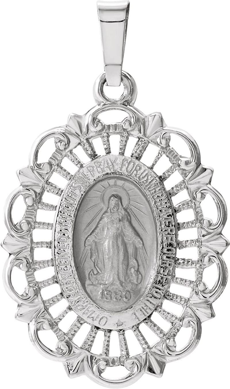 14k White Gold Oval Filigree Miraculous Medal (22x15.5 MM)