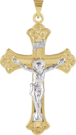Two-Tone Fleur-de-Lis Crucifix 14k Yellow and White Gold Pendant (27.75X17MM)