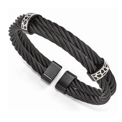Men's Cobblestone Collection Black Titanium 13mm and Sterling Silver Cobblestone Cable Wire Cuff Bracelet, 7"