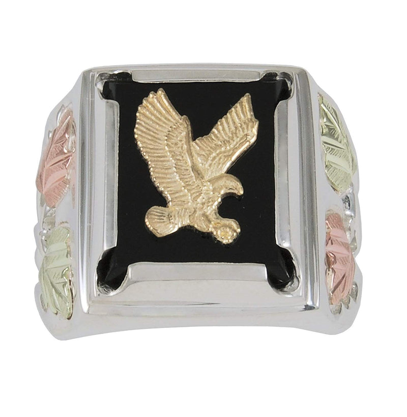 Men's Eagle Onyx Ring, Sterling Silver, 12k Green and Rose Gold Black Hills Gold Motif