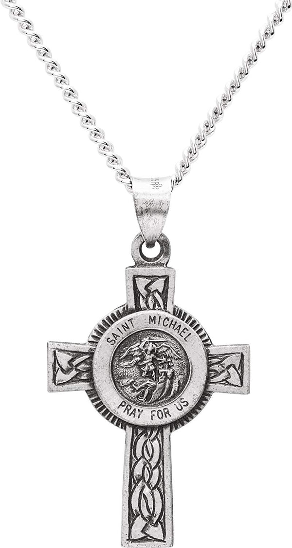 St. Michael Halo Cross Sterling Silver Pendant Necklace, 24" (28.5x20.8 MM)