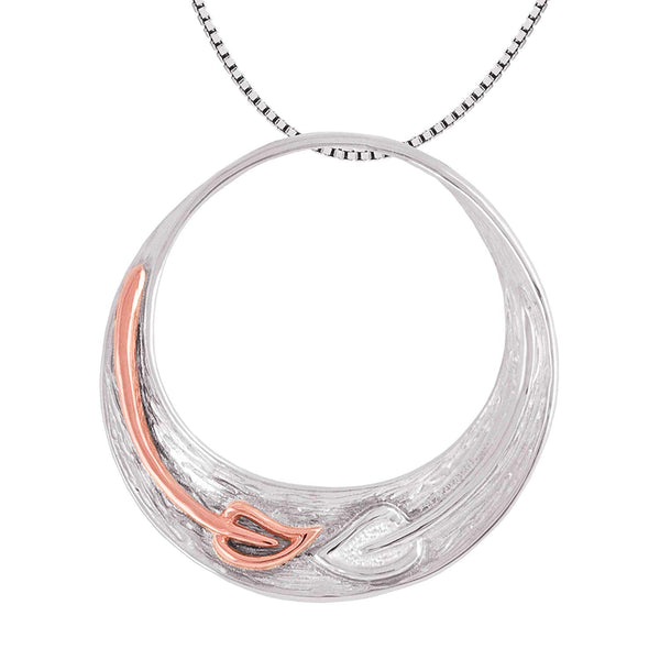 Brushed Circle and Leaf Pendant Necklace, Rhodium Plated Sterling Silver, 10k Rose Gold, 18" to 22"