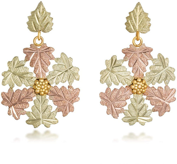Tri-color Snowflake Post Dangle Earrings, 10k Yellow Gold, 12k Green and Rose Gold Black Hills Gold Motif