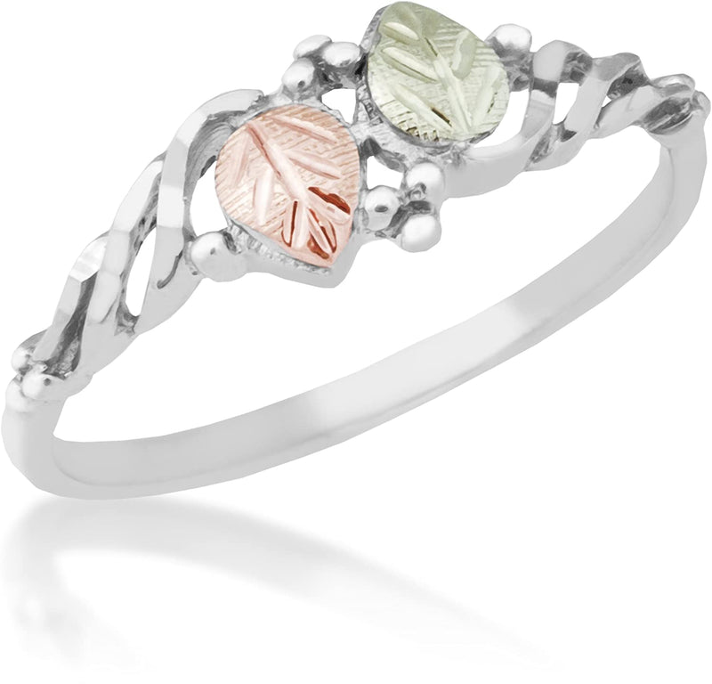 Petite Diamond-Cut Swirl Vine Ring, Sterling Silver, 12k Green and Rose Gold Black Hills Gold Motif, Size 8.5