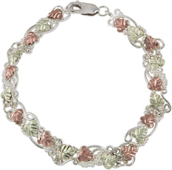 Filigree Leaf Line Bracelet, Sterling Silver, 12k Green and Rose Gold Black Hills Gold Motif, 7"