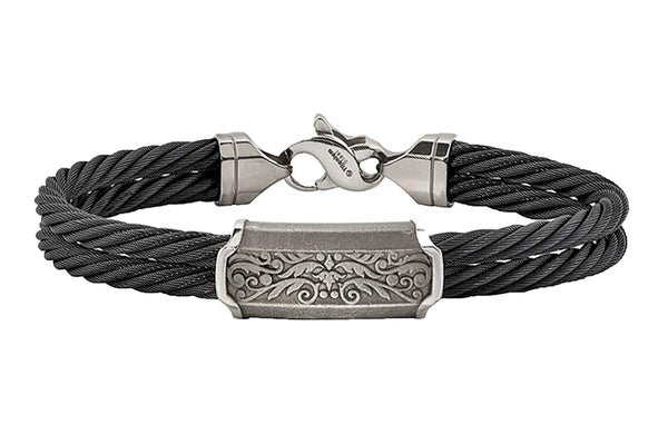 Men's Heritage Collection Gray Titanium 13mm Black Memory Cable Casted Bangle Bracelet, 8"