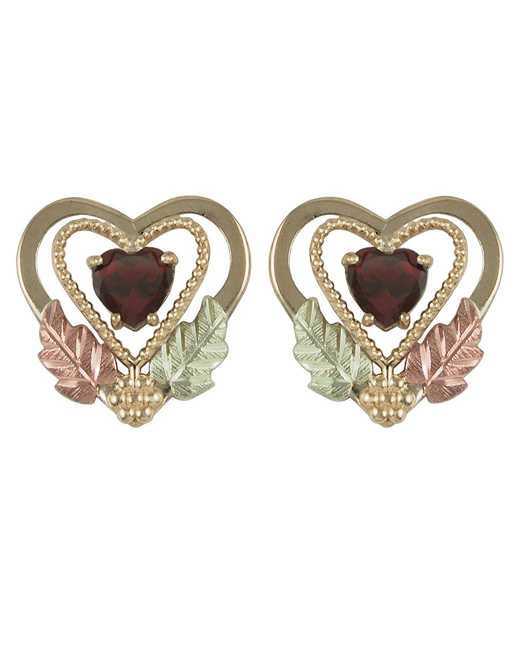 Garnet Double Heart Earrings, 10k Yellow Gold, 12k Green and Rose Gold Black Hills Gold Motif