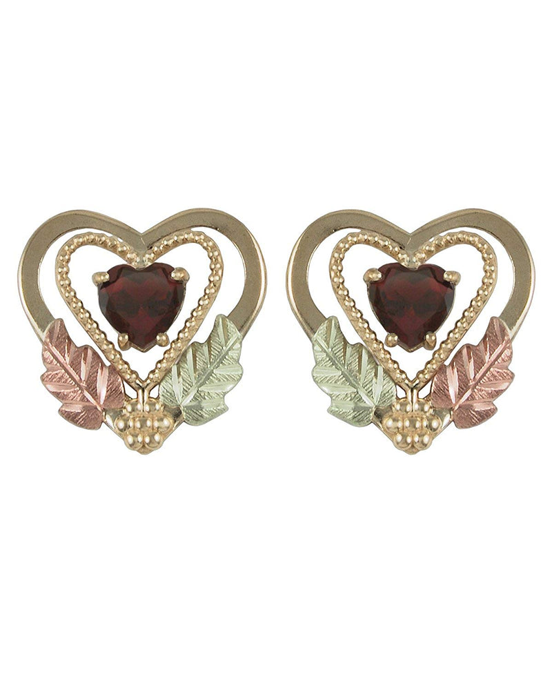 Garnet Double Heart Earrings, 10k Yellow Gold, 12k Green and Rose Gold Black Hills Gold Motif