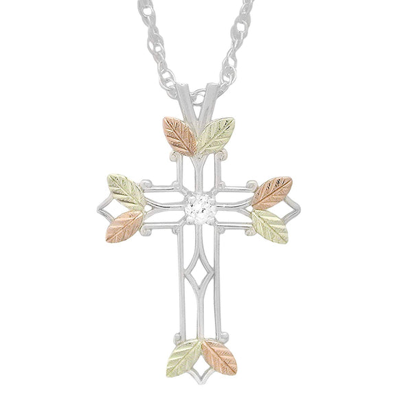 Cathedral CZ Cross Pendant Necklace, Sterling Silver, 12k Green Gold, 12k Rose Gold Black Hills Gold, 18"