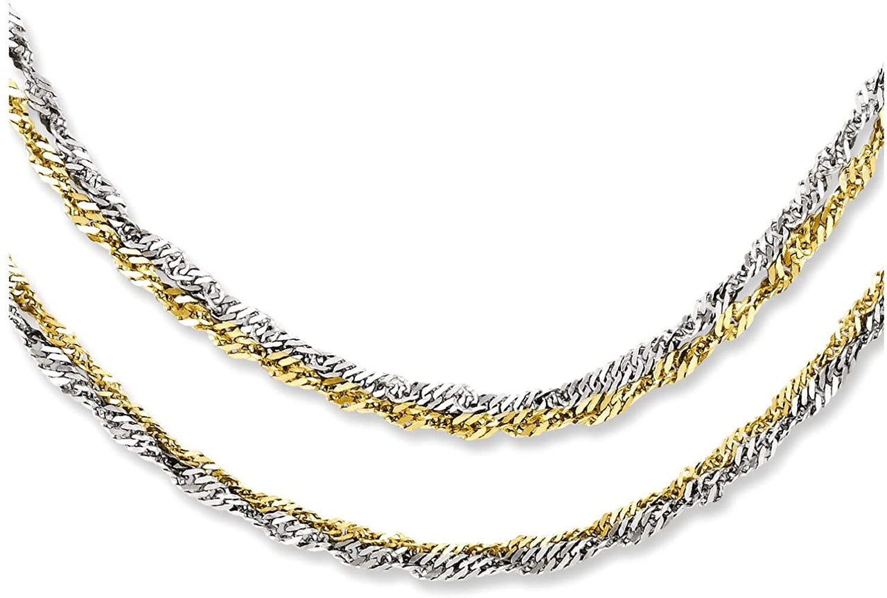 Stainless Steel and Yellow IP 2-Strand 4mm Singapore Chain Necklace, 17.50"