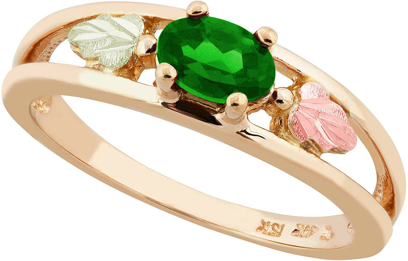 Oval Created Emerald Ring, 10k Yellow Gold, 12k Green and Rose Gold Black Hills Gold Motif, Size 6.5