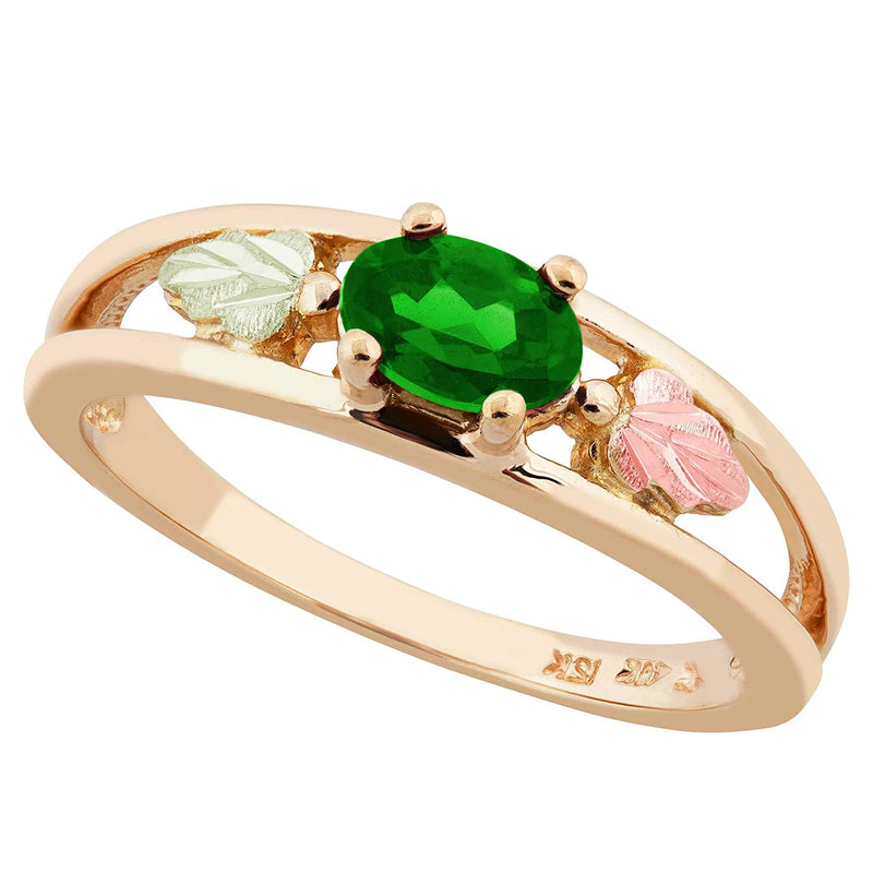 Oval Created Emerald Ring, 10k Yellow Gold, 12k Green and Rose Gold Black Hills Gold Motif