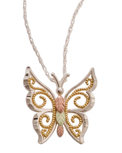 Butterfly Pendant Necklace, Sterling Silver, 12k Green and Rose Gold Black Hills Gold Motif, 18''