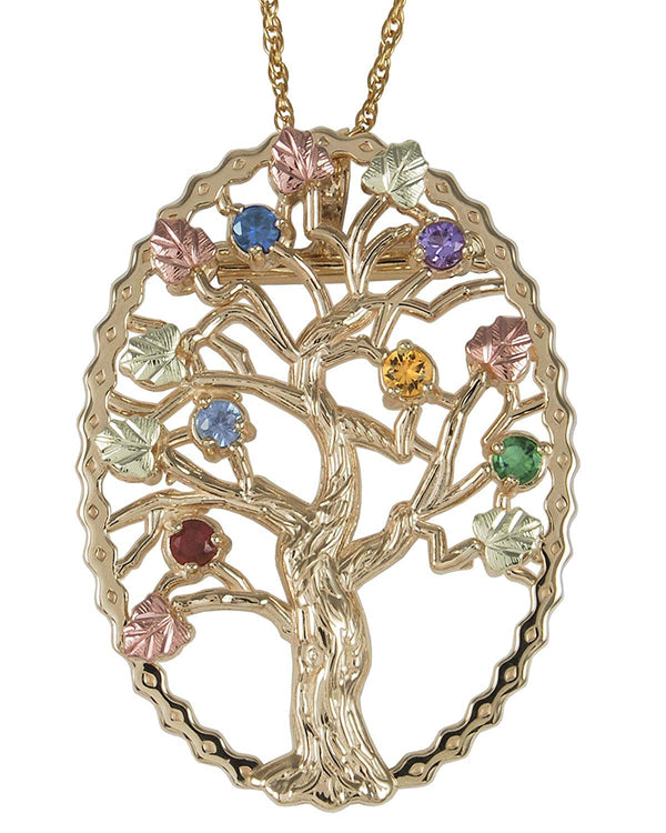 Multi Gemstone Tree Pendant Necklace, 10k Yellow Gold, 12k Green and Rose Gold Black Hills Gold Motif, 18"