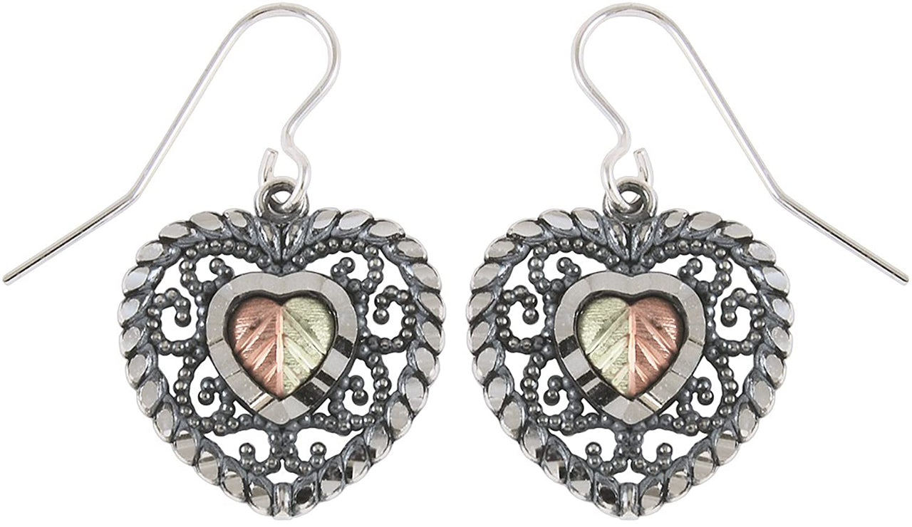 Oxidized Filigree Heart Earrings, Sterling Silver, 12k Green and Rose Gold Black Hills Gold Motif