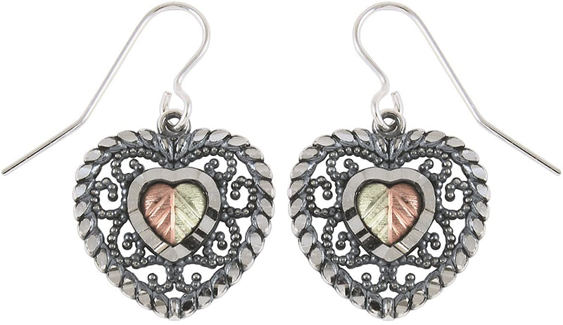 Oxidized Filigree Heart Earrings, Sterling Silver, 12k Green and Rose Gold Black Hills Gold Motif