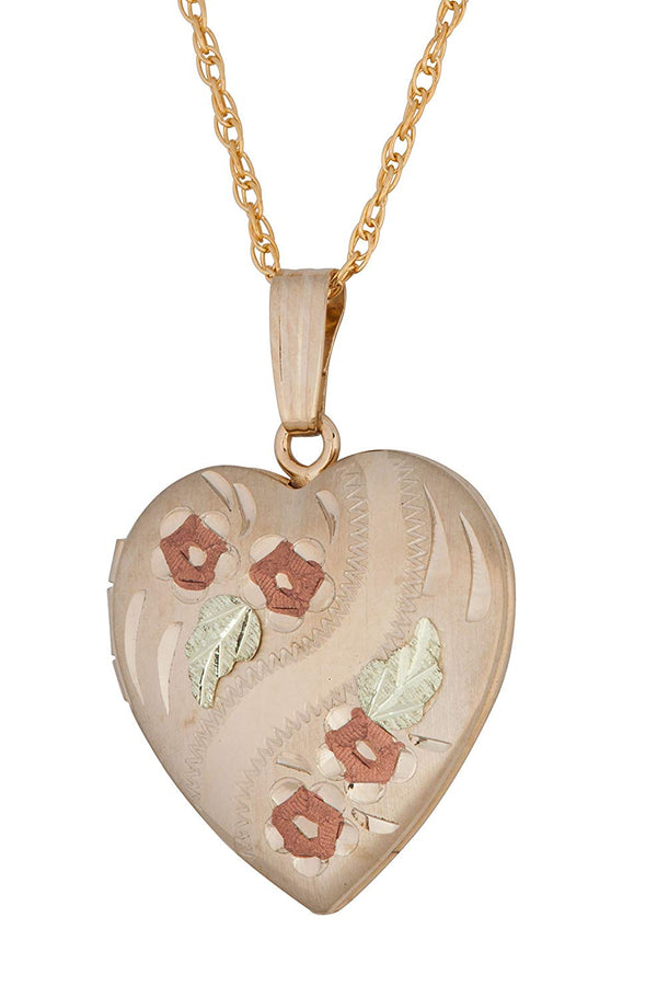 Heart Locket with Roses Pendant Necklace, 10k Yellow Gold, 12k Green and Rose Gold Black Hills Gold Motif, 18"