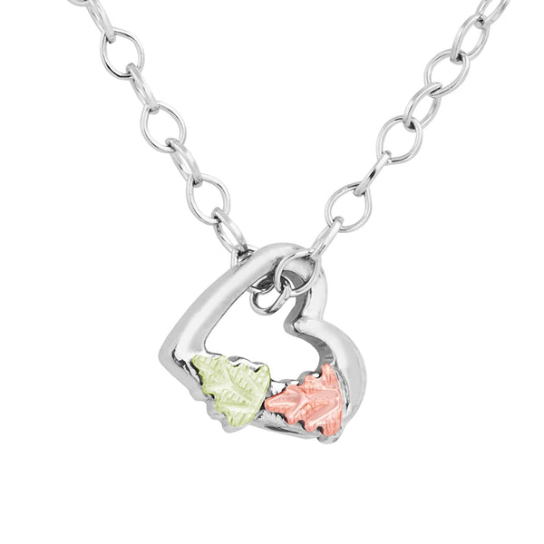 Heart Silhouette Pendant Necklace, Sterling Silver, 12k Green and Rose Gold Black Hills Gold Motif, 18"