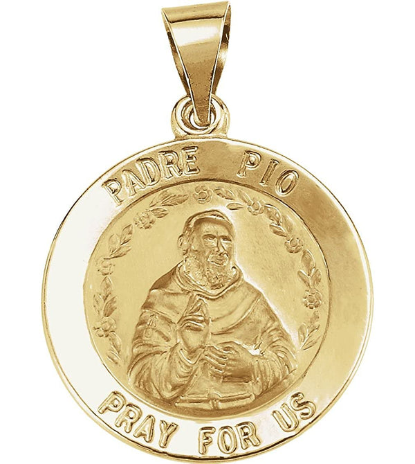 14k Yellow Gold Round Hollow Padre Pio Medal (18.75 MM)