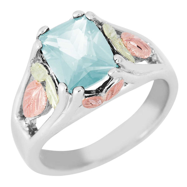 March Birthstone Created Aquamarine Ring, Sterling Silver, 12k Green and Rose Gold Black Hills Silver Motif