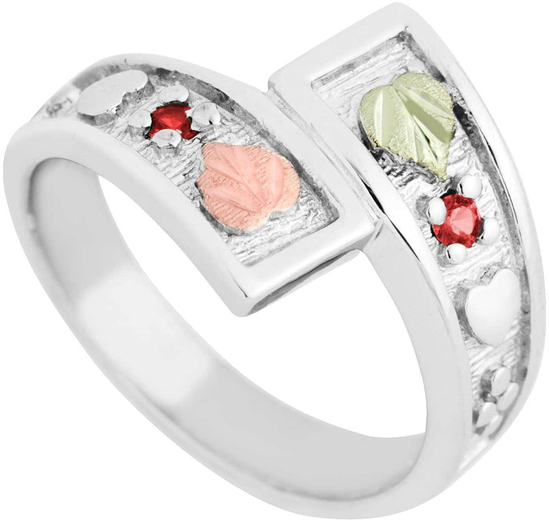 July Birthstone Created Ruby Bypass Ring, Sterling Silver, 12k Green and Rose Gold Black Hills Silver Motif, Size 6.25